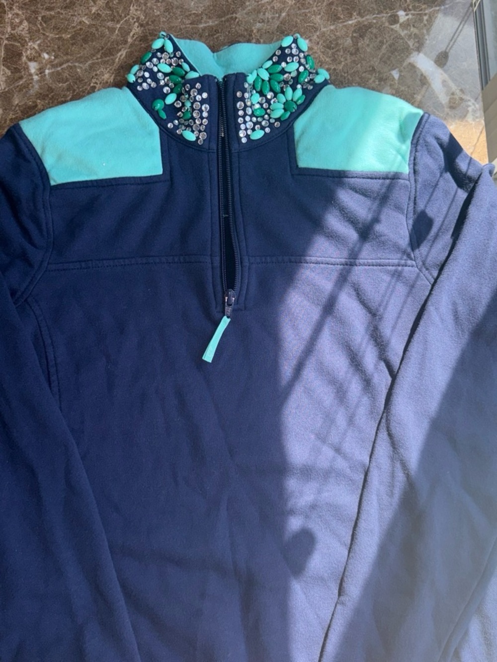Vineyard Vines Navy Pullover with Aqua Accent Shoulder and Embellished Collar